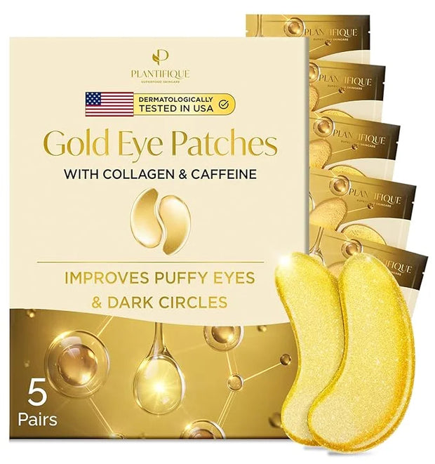 PLANTIFIQUE Gold Eye Patches for Puffy Eyes and Dark Circles 5 Pairs Under Eye Masks for Dark Circles and Puffiness Eye Ge...