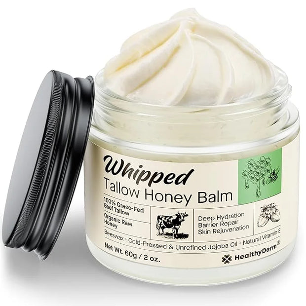 Beef Tallow Honey Balm for Skin: 100% Grass Fed Whipped Organic Moisturizer with Organic Raw Honey, Jojoba Oil, Vitamin E ...