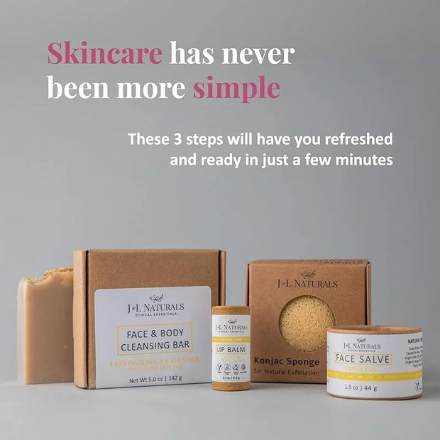 J&L Naturals Simple Skin Regimen Kit With Cleansing Bar, Face Salve, Konjac Sponge, Lip Balm | For Oily, Dry, Mature, and ...