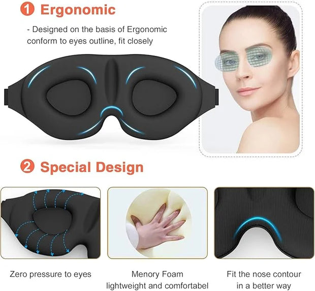 Sleep Eye Mask for Men Women 3D Contoured Cup, Concave Molded, Block Out Light, Molded Soft Comfort Eye Shade with Adjusta...