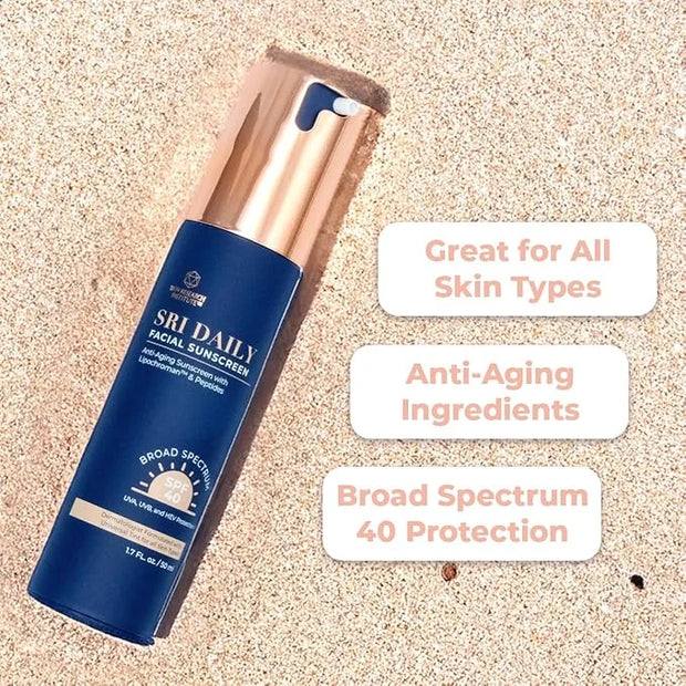 SRI Daily Facial Sunscreen - SPF 40 - Anti-Aging with Lipochroman & Peptides - Transparent Zinc Oxide - Universal tint & W...