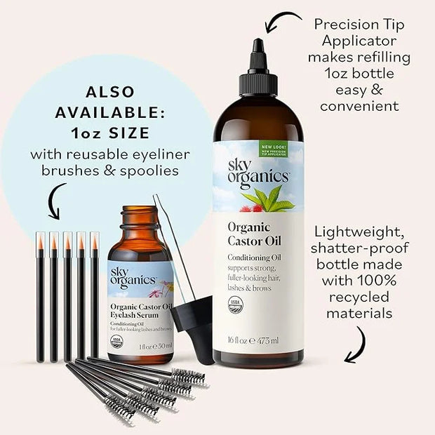Sky Organics Organic Castor Oil for Hair, Lashes & Brows 100% Pure & Cold-Pressed USDA Certified Organic to Strengthen, Mo...
