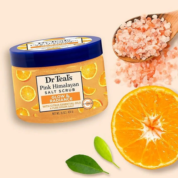 Dr Teal's Pink Himalayan Salt Body Scrub, Glow & Radiance with Pure Epsom Salt & Citrus Essential Oils 16 oz (Pack of 3) -...
