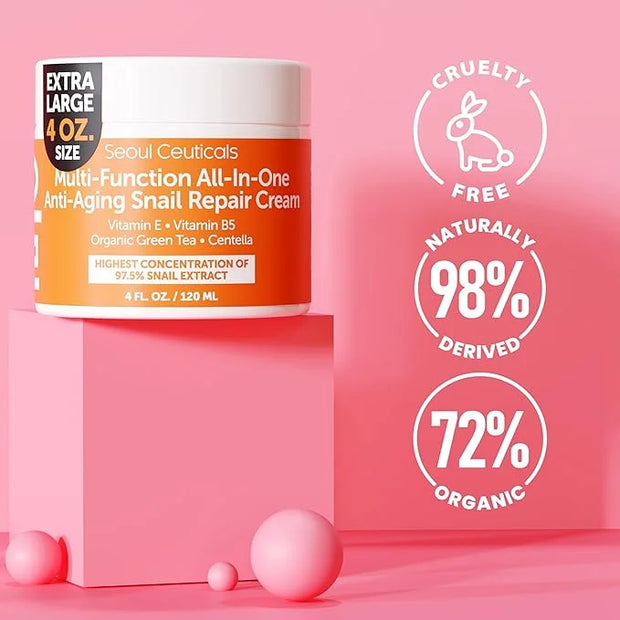 SeoulCeuticals Large 4oz 97.5% Snail Mucin Moisturizer Cream Korean Skin Care - K Beauty Skincare Day & Night Snail Repair...