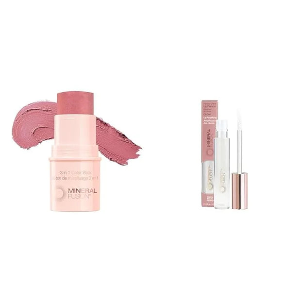 Mineral Fusion 3-in- Color Stick Rosette & Hydro-Shine Lip Gloss Plumper, Clear, 0.15oz Value Bundle - Product Image