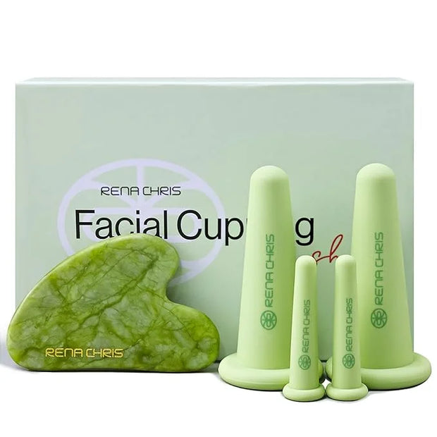 Rena Chris Facial Cupping Set & Gua Sha Facial Tool - Silicone Cupping Set & Jade Gua Sha Stone - Face Cupping Therapy Set...