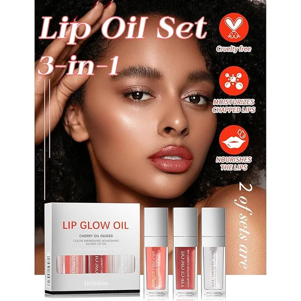 Liquid Lip Oil Gloss, 3 Pack Moisturizing Hydrating Nourishing Long Lasting Tinted Lip Gloss Plumper Gift Box for Teens Wo...