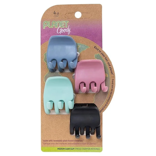 Planet Goody Plant-Based Heritage Claw Clips, Medium, Extra Strong, Bright Colors, Pink, Periwinkle, Green, And Black, 4 C...