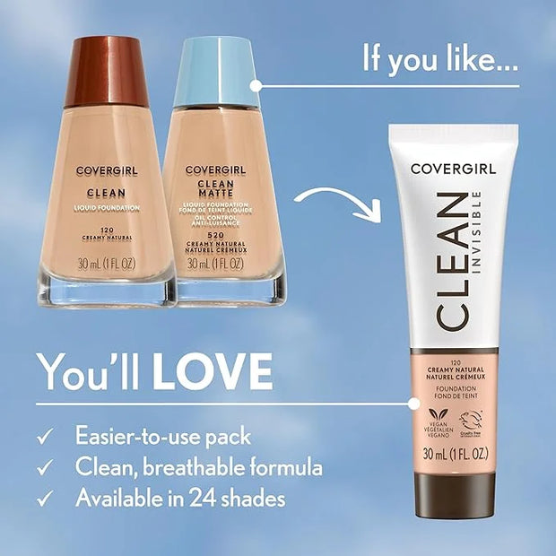 COVERGIRL Clean Invisible Foundation Makeup, Dewy & Glowy Finish, Buildable Coverage, Skin-Like Smooth Look, Vegan, Golden...