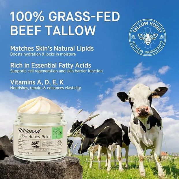 Beef Tallow Honey Balm for Skin: 100% Grass Fed Whipped Organic Moisturizer with Organic Raw Honey, Jojoba Oil, Vitamin E ...