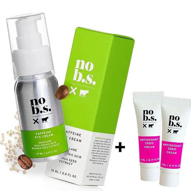 No B.S. (No Bad Stuff) Caffeine Eye Cream anti aging bundle with Two CoQ10 Deluxe Minis. Under Eye Cream for Dark Circles ...