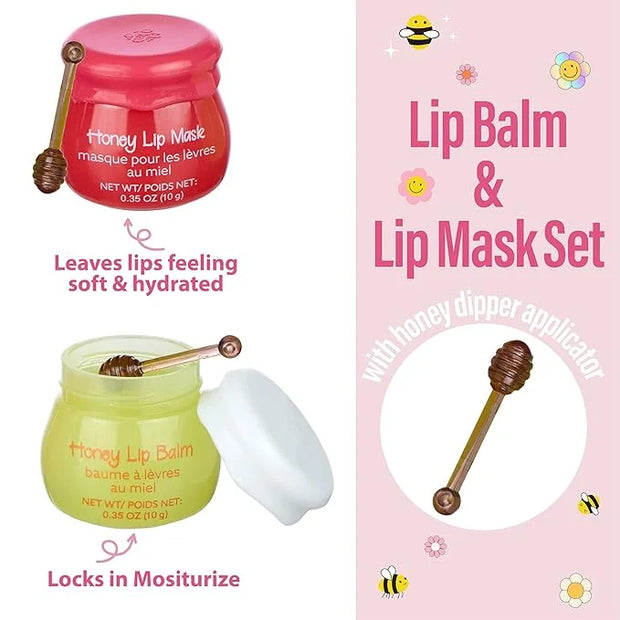 2pc Honey Lip Balm & Lip Mask Set -Simply Sweet Real Honey Jar w/Dipper Applicator Sticks | Safe and Non-Toxic Lip Gloss G...