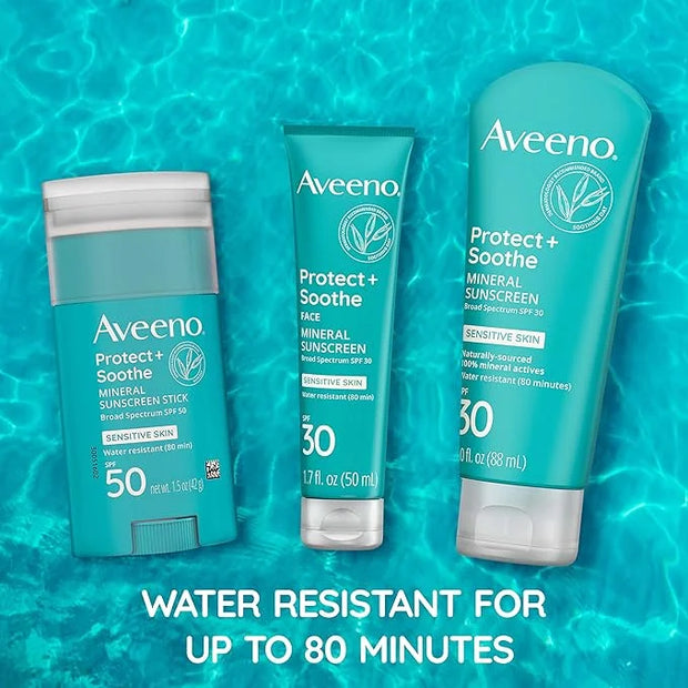 Aveeno Protect + Soothe Mineral Sunscreen Stick for Sensitive Skin, SPF 50, Water-Resistant for 80 minutes, Face & Body Su...