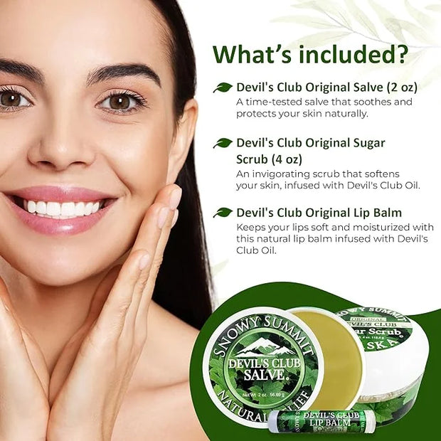 Snowy Summit's 3-Pc Devil's Club Gift Bag Set – Includes All-Natural Handcrafted Salve, Revitalizing Sugar Scrub, and Mois...