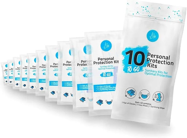 All-in-One Personal Protection Kits to GO - 10 Pack - With Plastic Gloves, Hand Cleansing Wipes, Disposable Face Mask - Pr...