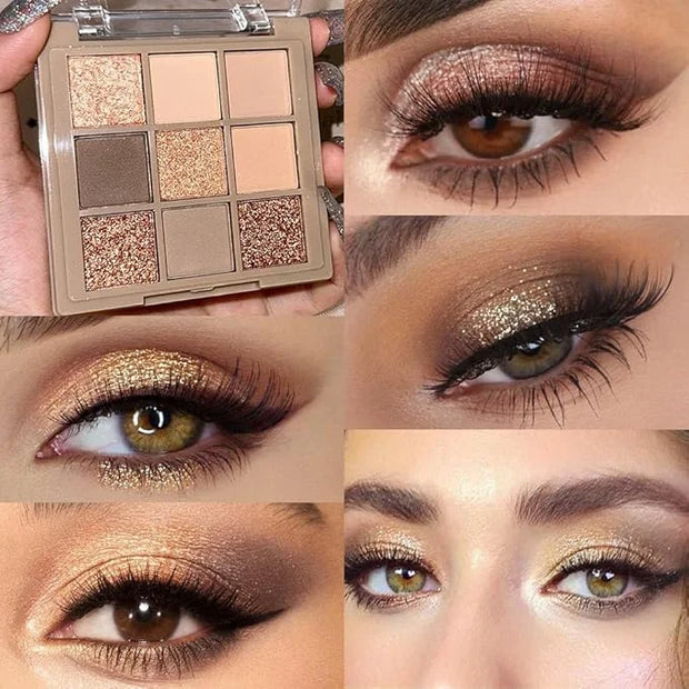 Eye Shadow Palette Makeup,9 Colors Gold Matte Shimmer Vegan Eyeshadow,Highly Pigmented Long Lasting Waterproof Naturing-Lo...