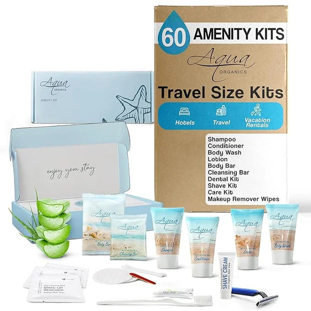 Aqua Organics Amenity & Accessory Kit | 1 oz Shampoo, Conditioner, Lotion, Body Wash, Body Bar, Cleansing Bar, Shave & Den...