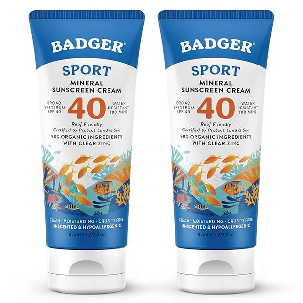 Badger Reef Safe Sunscreen, SPF 40 Sport Mineral Sunscreen, 98% Organic Sunscreen Ingredients, Broad Spectrum, Water Resis...