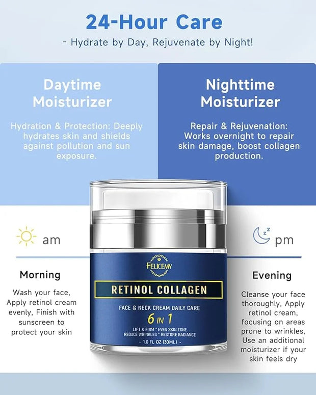 Retinol Cream for Face, Face Moisturizer with Collagen & Hyaluronic Acid, Anti Aging Neck Cream for Tightening Skin, Facia...