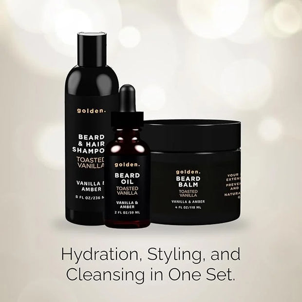 Golden Grooming Co. Everyday Beard Bundle – Complete Beard Care Set | Includes Beard Oil, Balm & Shampoo (XL, Toasted Vani...