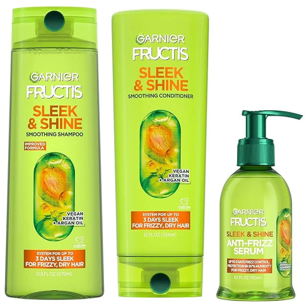 Garnier Fructis Sleek & Shine Shampoo, Conditioner + Anti-Frizz Serum Set for Frizzy, Dry Hair, Argan Oil (3 Items), 1 Kit...