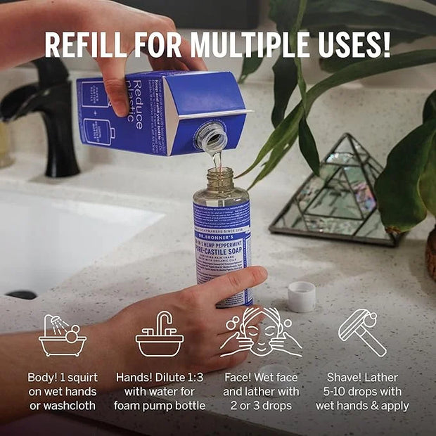 Dr. Bronner's Pure-Castile Liquid Soap Bottle & Refill Carton - Made with Regenerative Organic Certified Oils, 82% Less Pl...