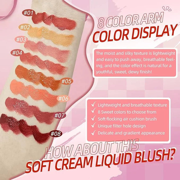 Liquid Blush for Cheeks, Soft Cream Blush with Cushion Applicator, Dewy Finish Matte Velvet Texture, High-Pigmented Blenda...