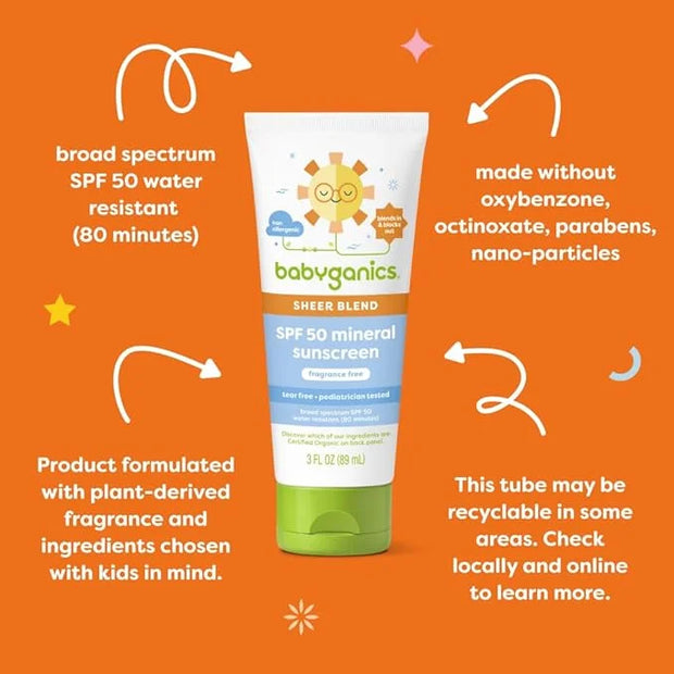 Babyganics SPF 50 Mineral Sunscreen Lotion, Sheer Blend, UVA UVB Protection, Octinoxate & Oxybenzone Free, Water Resistant...
