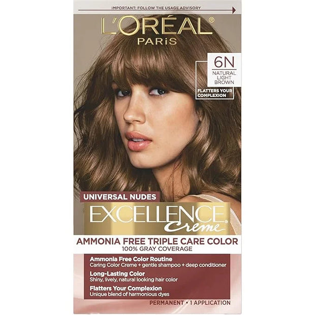 L’Oreal Paris Excellence Universal Nudes Permanent Hair Color, Ammonia Free Hair Dye for Gray Hair Coverage, 6N Natural Li...