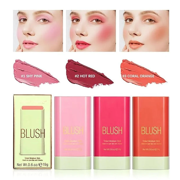 Multi-Use Makeup Blush Stick, 3-in-1 Cream Blush Stick Beauty Tinted Solid Blush Stick for Cheek/Eyes/Lips, Waterproof Moi...