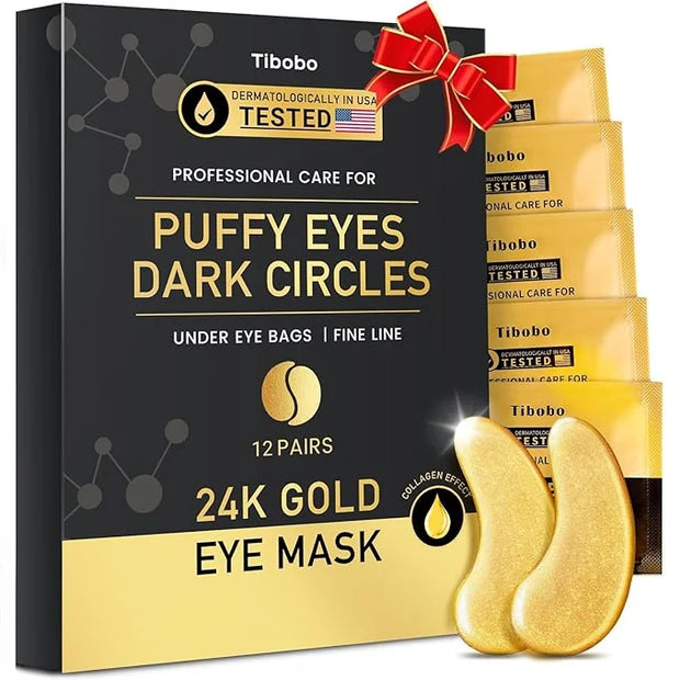 Under Eye Patches (12 Pairs) - 24K Gold Eye Masks Enriched with Abundant Collagen for Dark Circles, Puffy Eyes, Wrinkles -...
