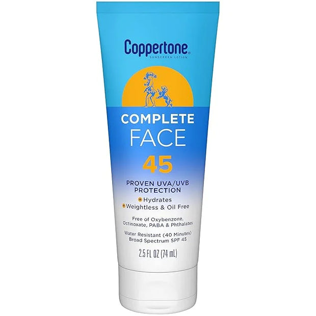 Coppertone Complete Face Sunscreen Lotion SPF 45, Weightless and Oil-Free, Water Resistant Sunscreen with Proven UVA/UVB P...