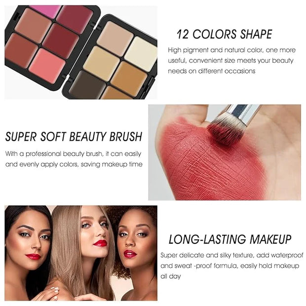 12 Colors Cream [Blush Contour Concealer] Makeup Palette for Cheeks - All in One Makeup Palette Kit with Brush, Natural Ma...