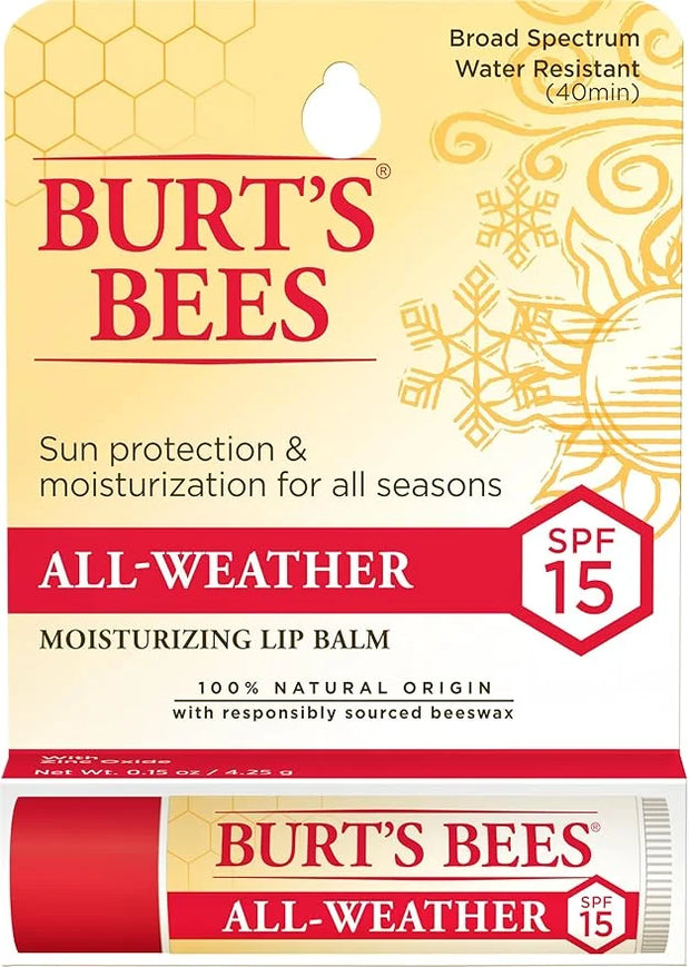 Burt's Bees All Weather SPF 15 Lip Balm, Water-Resistant Lip Moisturizer, Tint-Free, Natural Conditioning Lip Treatment, 1...