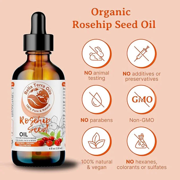 Bella Terra Oils Organic Rosehip Oil for Face, Pure Cold-Pressed Rose Hip Seed Oil for Skin & Hair, Natural Moisturizer & ...