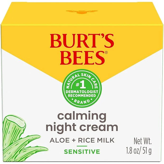 Burt's Bees Calming Night Cream, With Aloe and Rice Milk, Face Moisturizer For Sensitive Skin Infuses Skin With Moisture W...