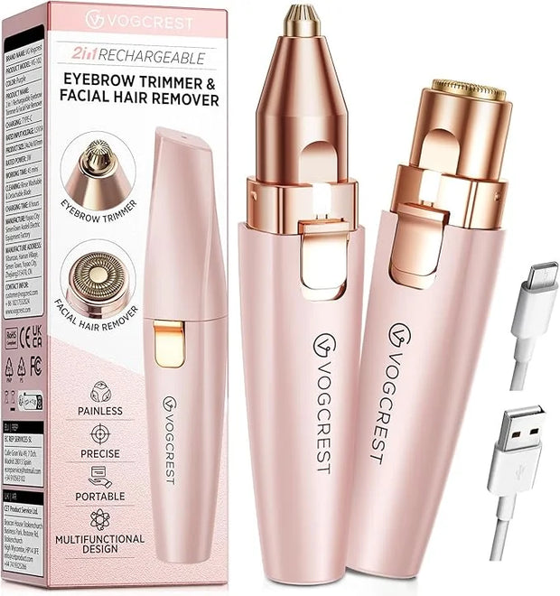 Eyebrow Facial Trimmer: 2 in1 Rechargeable Facial Hair Removal and Eyebrow Shaver - Face Lips Body Painless Facial Razor w...