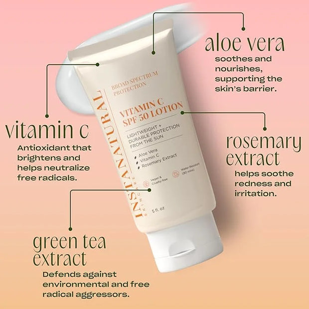 InstaNatural Skin Care Vitamin C SPF 50 Broad Spectrum Sunscreen Lotion, Brightening, Lightweight, Non-Greasy Moisturizer,...