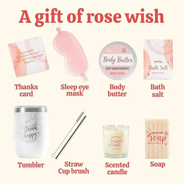 Gifts for Women Bath & Body Rose Spa Gift Sets for Birthday, 8 Pcs Gift for Women, Self Care Kit for Tumbler, Eye Mask, Mo...