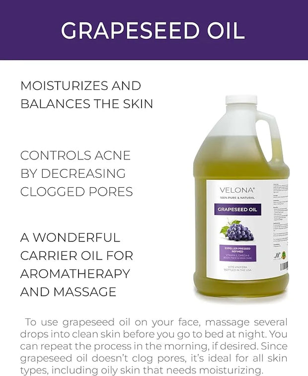 velona Grapeseed Oil 64 fl oz | 100% Pure and Natural Carrier Oil | Refined, Cold pressed | Skin, Face, Body, Hair Care | ...