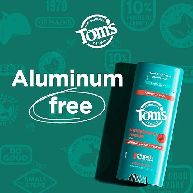 Tom's of Maine Sandalwood Vanilla Aluminum Free Natural Deodorant For Women & Men | Goes on Clear | Odor & Wetness Protect...