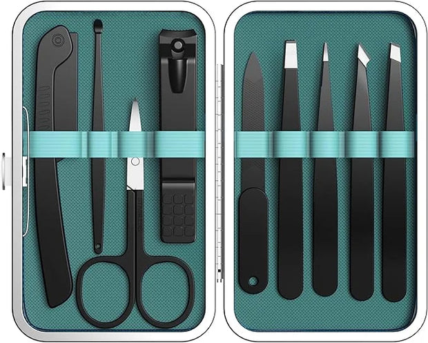 Yougai 9 Pcs Tweezers and Nail Clippers Kit for Facial Hair Women with Travel Case, Professional Stainless Steel Eyebrow T...
