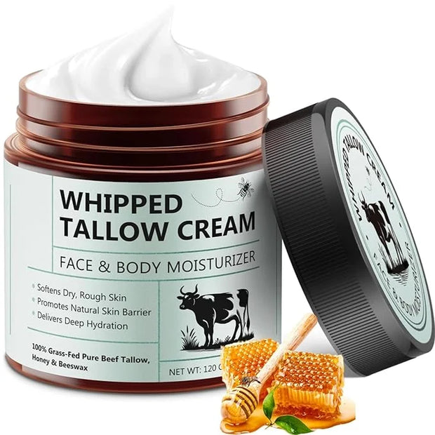 Beef Tallow for Skin, Beef Tallow Moisturizer, 4.2 oz Organic Whipped Grass Fed Beef Tallow with Honey Cream for Face & Bo...