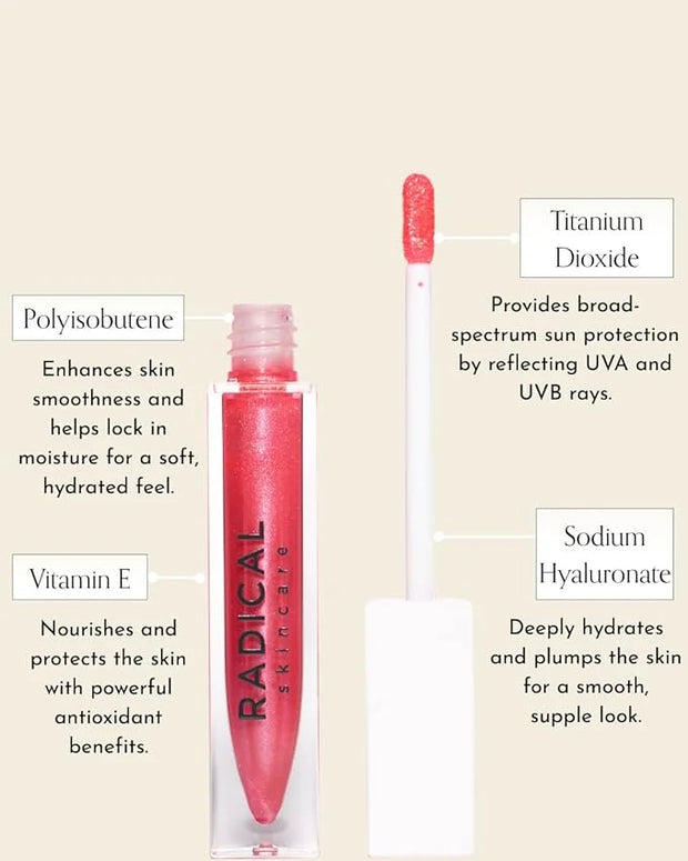 Radical Skincare Lip Luster Hyaluronic Infused Rose Lip Gloss – High Shine, Hydrating Formula for Soft, Radiant Lips | Cru...
