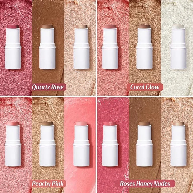 KIMUSE Multi Stick Trio Face Makeup, Cream Blush Stick for Cheeks & Lips, Contour Stick & Highlighter Makeup Sticks for Al...