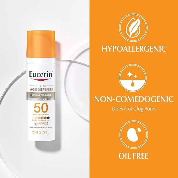 Eucerin Sun Tinted Age Defense SPF 50 Face Sunscreen Lotion, Hypoallergenic, Fragrance Free Tinted Sunscreen SPF 50 with H...