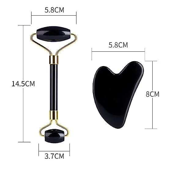 Black Obsidian Jade Facial Roller & Gua Sha Set 100% Natural Source from Highest Altitude of Himalayan Two-Sided Face Neck...