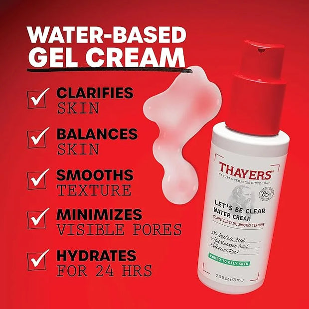 THAYERS Let's Be Clear Water Face Cream, Moisturizer with Azelaic Acid and Hyaluronic Acid, Skin Care for Combination to O...