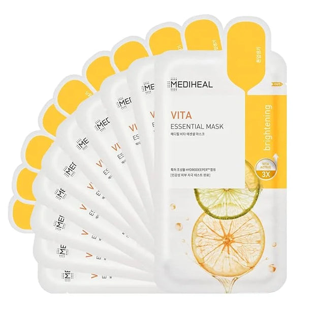Mediheal Best Korean Sheet Mask - Vita Essential Face Mask 10 Sheets Vitamin Mask For All skin types Smoothing Tightening ...