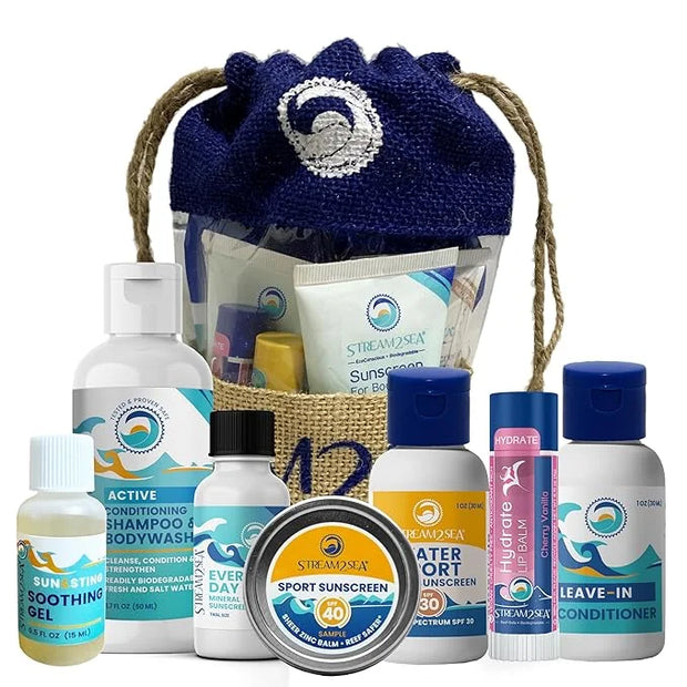 EcoConscious Travel Kit Body & Hair Care Gift Set | Shampoo & Body wash | Conditioner | SPF30, SPF20 and Mineral Sunscreen...